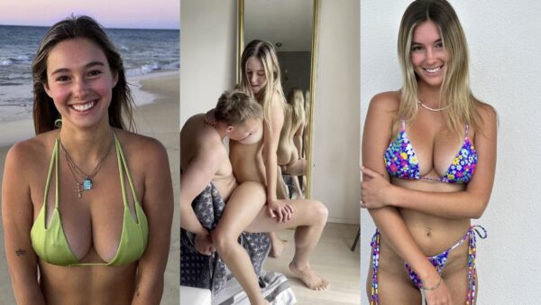 Blonde amateur couple posing together at home